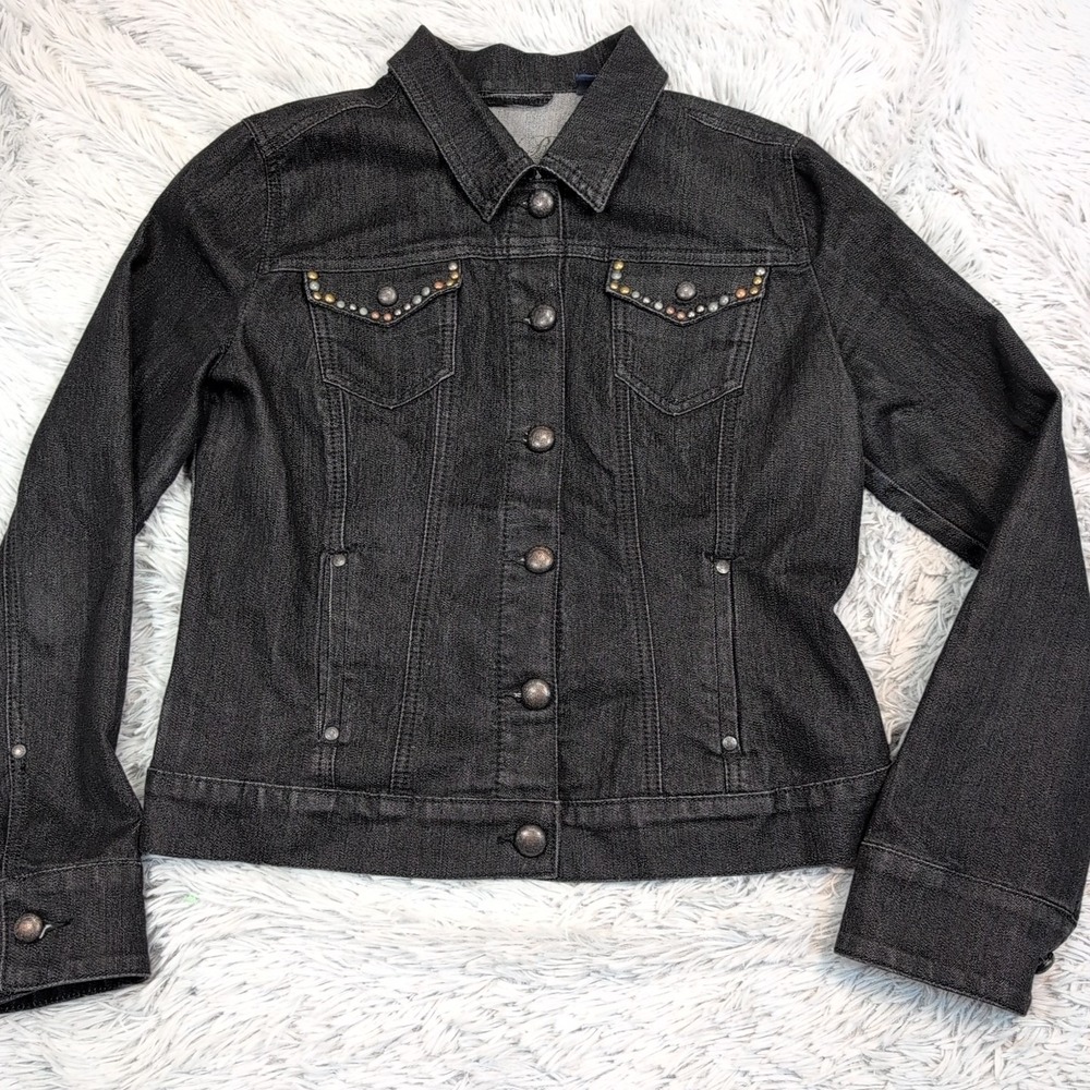 Code Blue Jacket Womens M Black Denim Pockets Button‎ Up Studded Comfort Casual